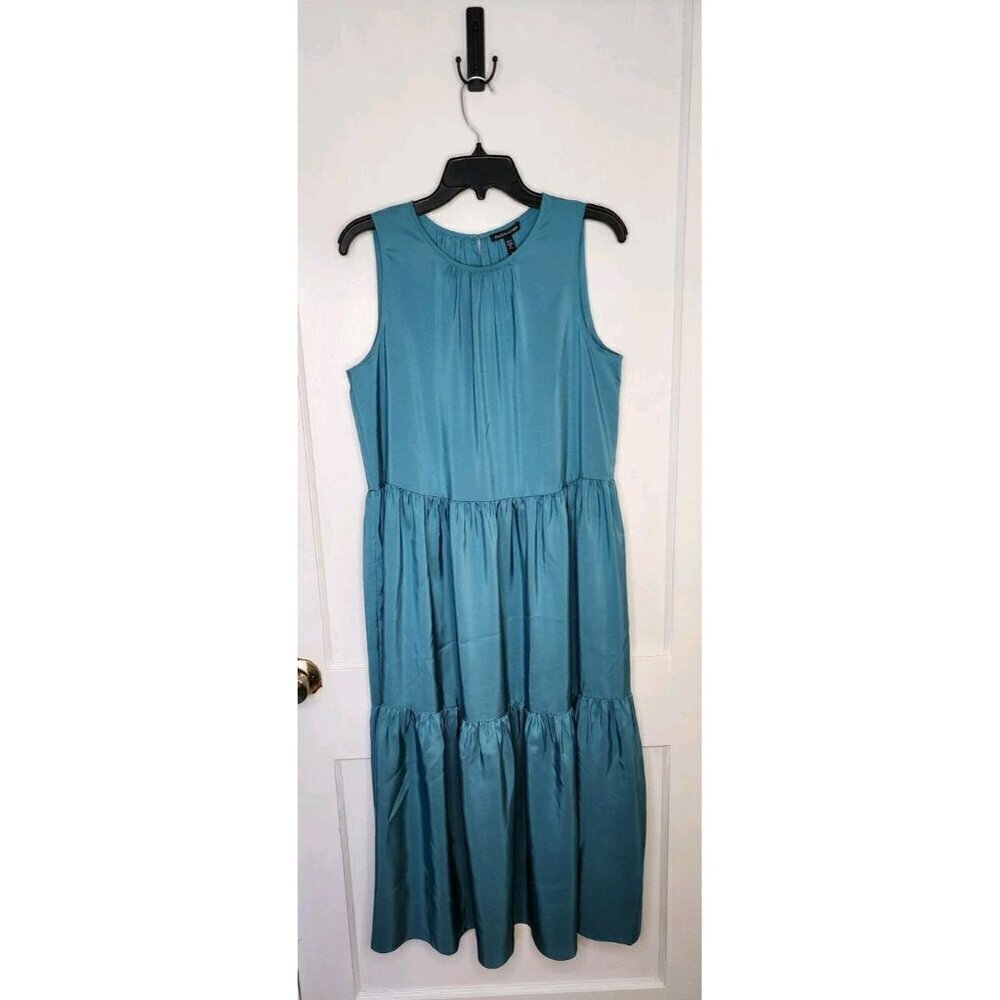 EILEEN FISHER ROUND NECK TIERED DRESS 100% SILK SATIN RIVER BLUE NWT Size Small